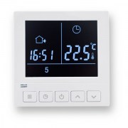 Digitálny dizajnový termostat s možnosťou programovania pracovného a víkendového režimu s externým senzorom na meranie teploty podlahy. Zobrazuje hodiny, deň, teplotu. 